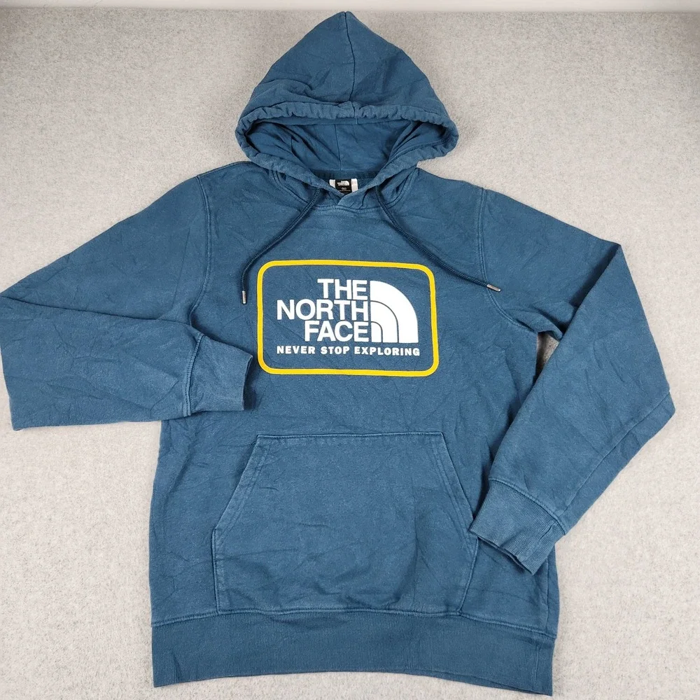 The North Face Hoodie Mens Small Blue Circular Design Graphic‎ Box Logo Pullover